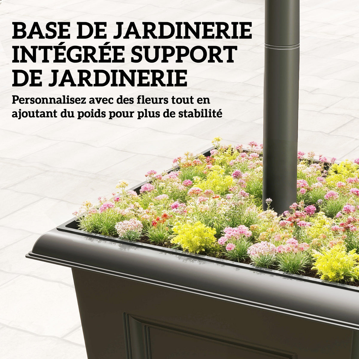 Lampadaire Extérieur sur Pied à 3 Têtes avec Bac à Fleurs, Capteur Automatique Crépuscule à L'aube, 52x52x185cm, Noir