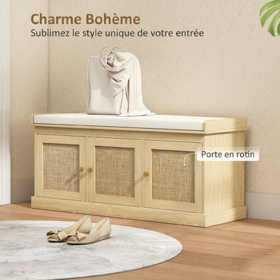 Banc chaussures entrée 9 paires, banc de rangement, 3 portes en rotin, coussin et étagère réglable, 105x35x47cm, chêne