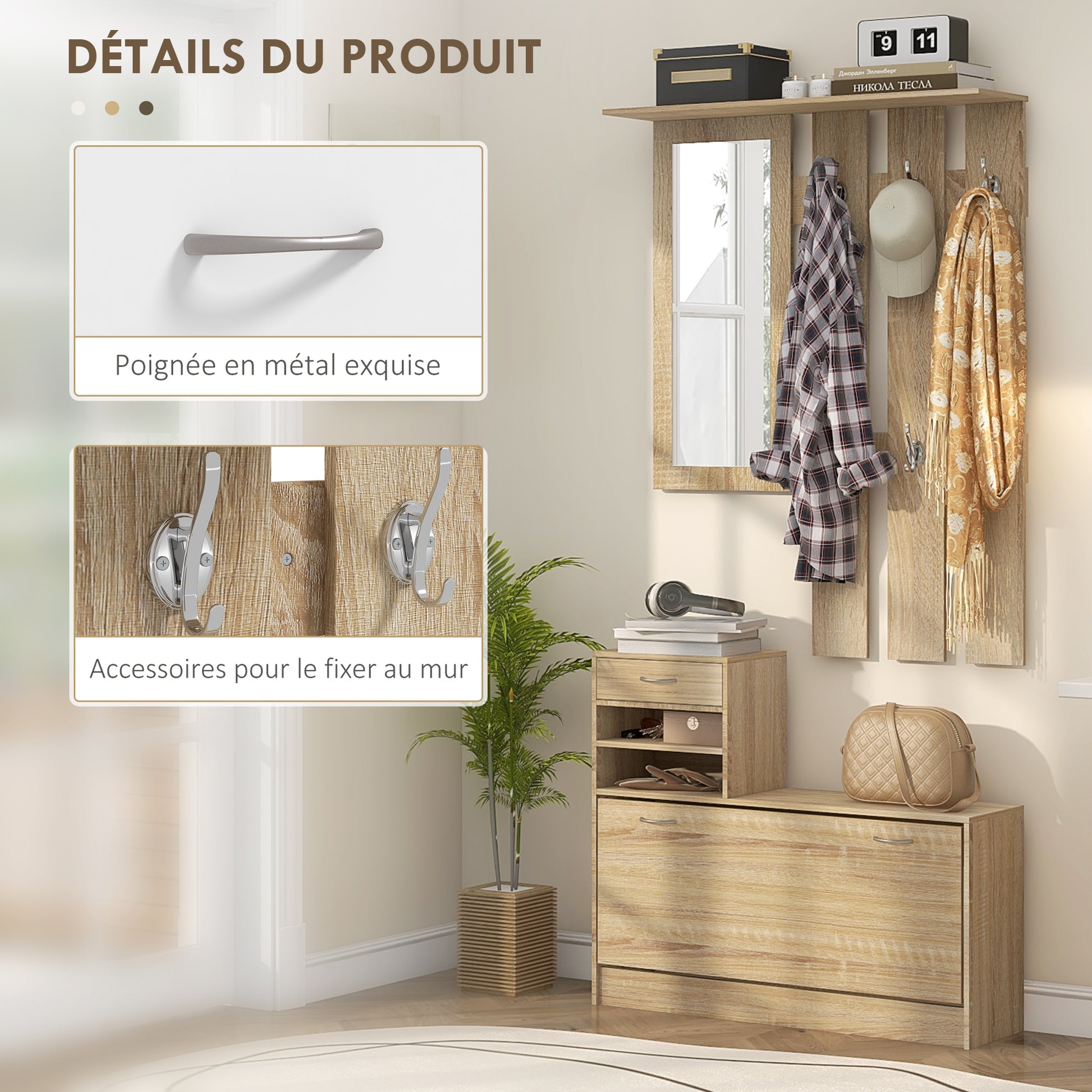 Meuble d'entrée vestiaire panneau porte-manteau, miroir et banc à chaussures - 6 crochets 90x10x91cm effet bois naturel