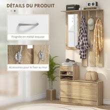 Meuble d'entrée vestiaire panneau porte-manteau, miroir et banc à chaussures - 6 crochets 90x10x91cm effet bois naturel