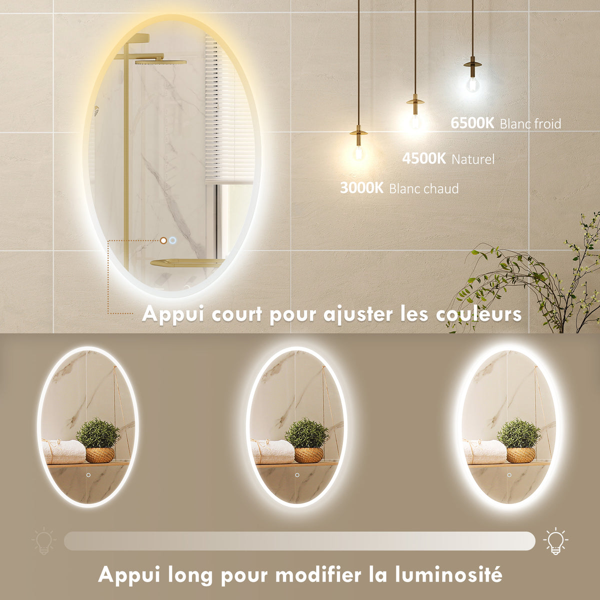 Miroir salle de bain avec éclairage 80 x 50 cm, miroir LED ovale, anti-buée, 3 couleurs lumière, dimmable, transparent