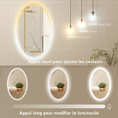 Miroir salle de bain avec éclairage 80 x 50 cm, miroir LED ovale, anti-buée, 3 couleurs lumière, dimmable, transparent