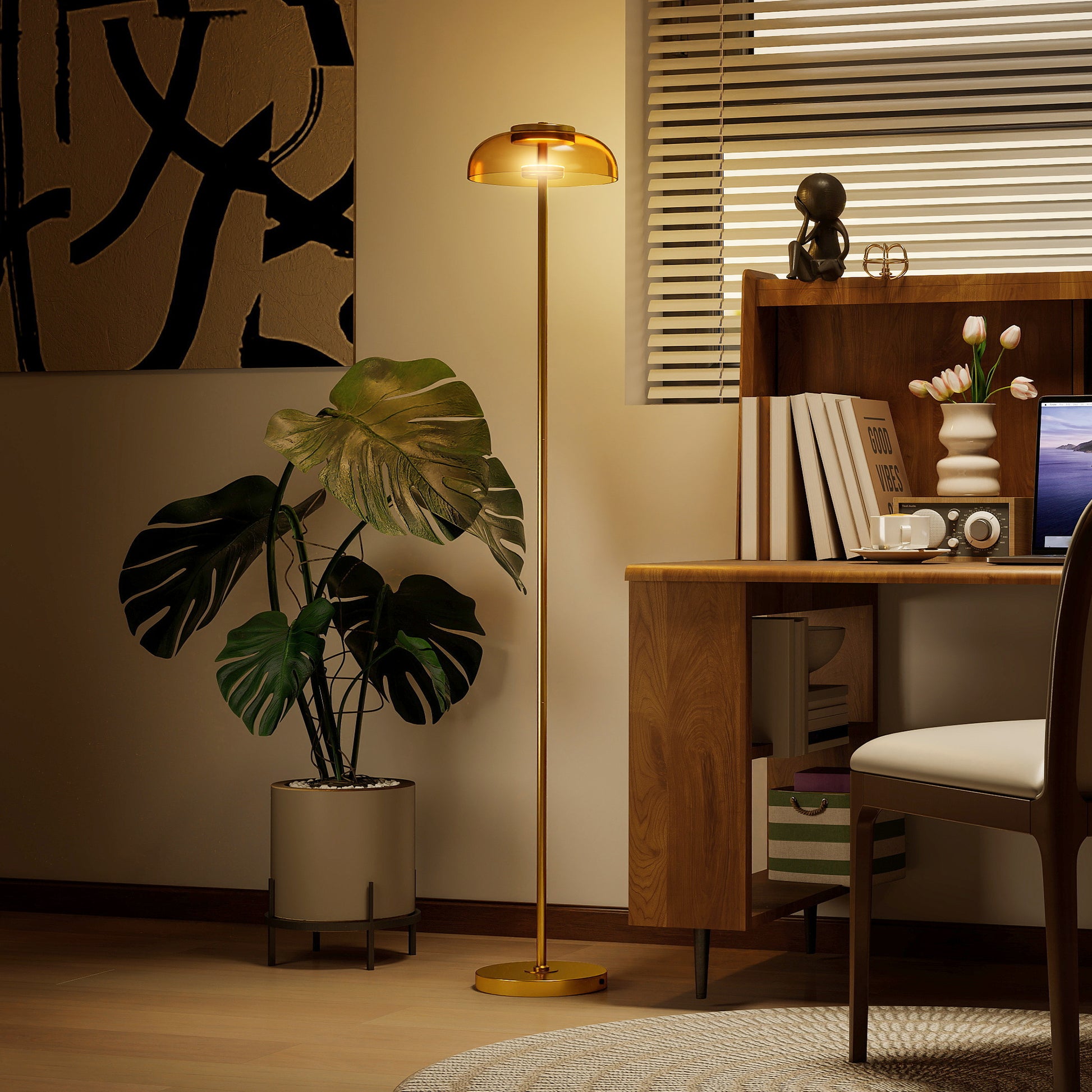 Lampadaire sur pied de salon, lampe salon LED avec lumière chaude 3000 K et interrupteur à pied, Ø25x134cm, ton laiton