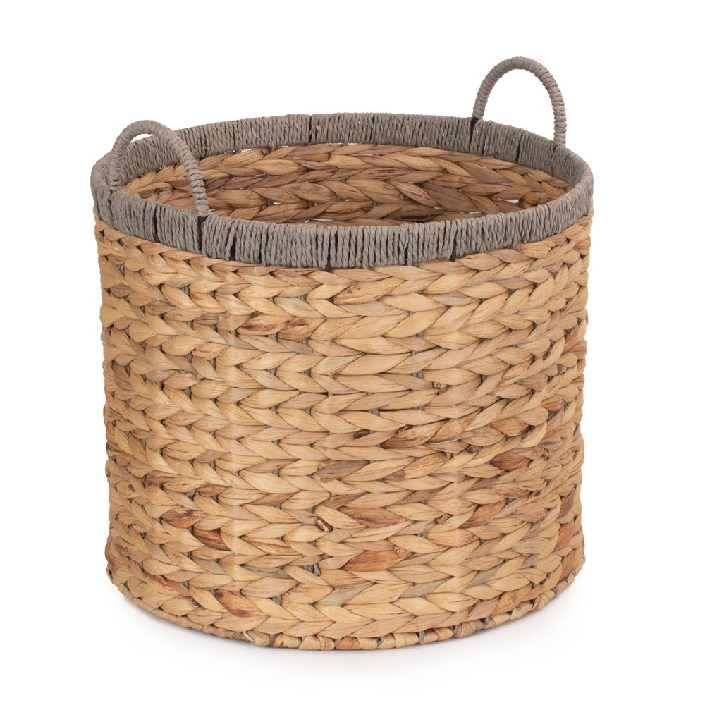 Round Water Hyacinth Storage Basket With Grey Rope Border