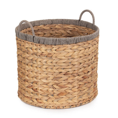 Round Water Hyacinth Storage Basket With Grey Rope Border