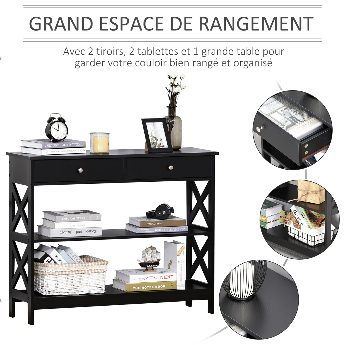 Table de console table d'entrée style table de drapier néo-rétro 2 tiroirs 2 étagères dim. 100L x 30,5l x 80H cm en bois noir