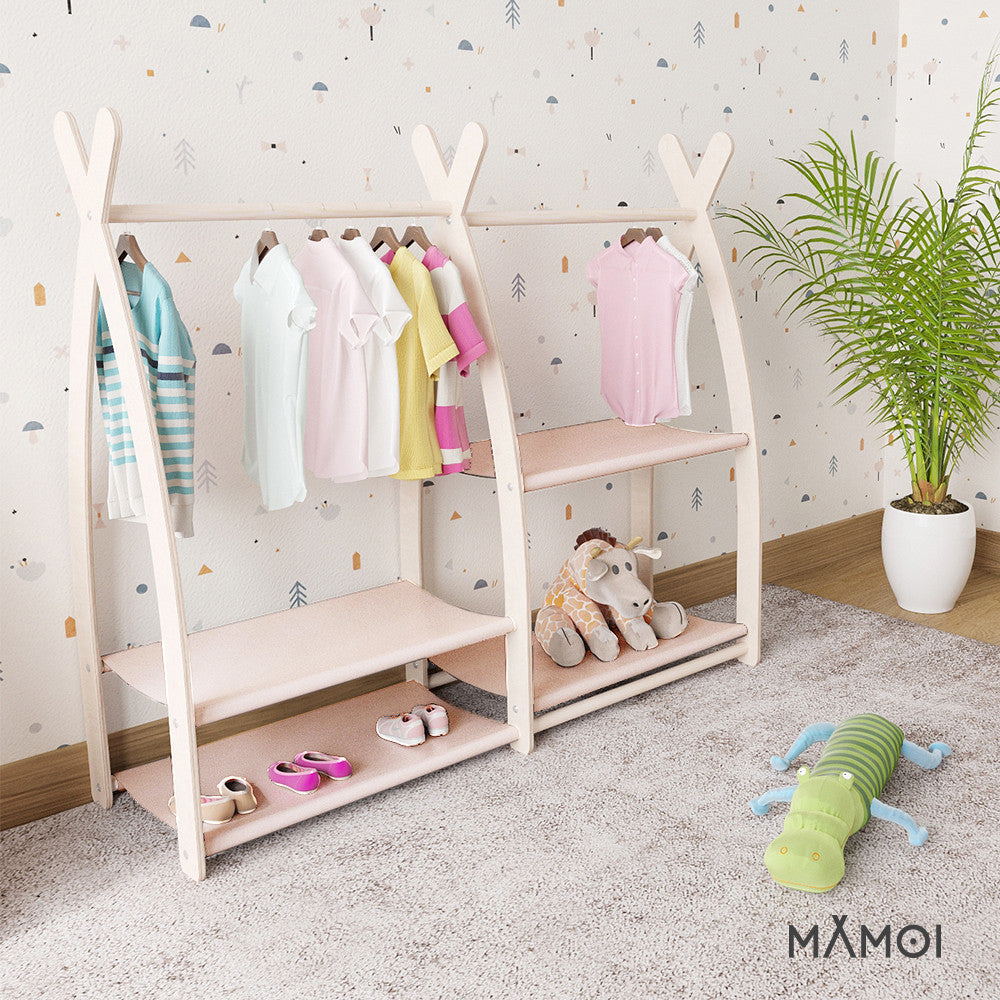 MAMOI® Armadio per Bambini in Legno 95x106x32cm / 53x95x32cm | Appendiabiti bambini da terra | Porta abiti | Guarderoba bambini per la cameretta | Armadio montessori | 100% ECO | Prodotto nell'UE
