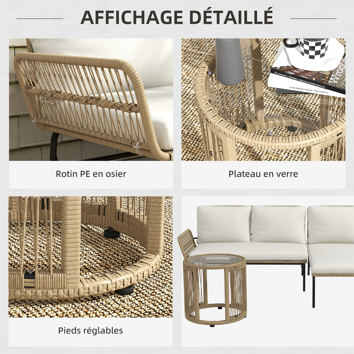 Salon de jardin extérieur d'angle 3 places en résine tressée avec canapés, chaise longue, table basse et coussins, crème