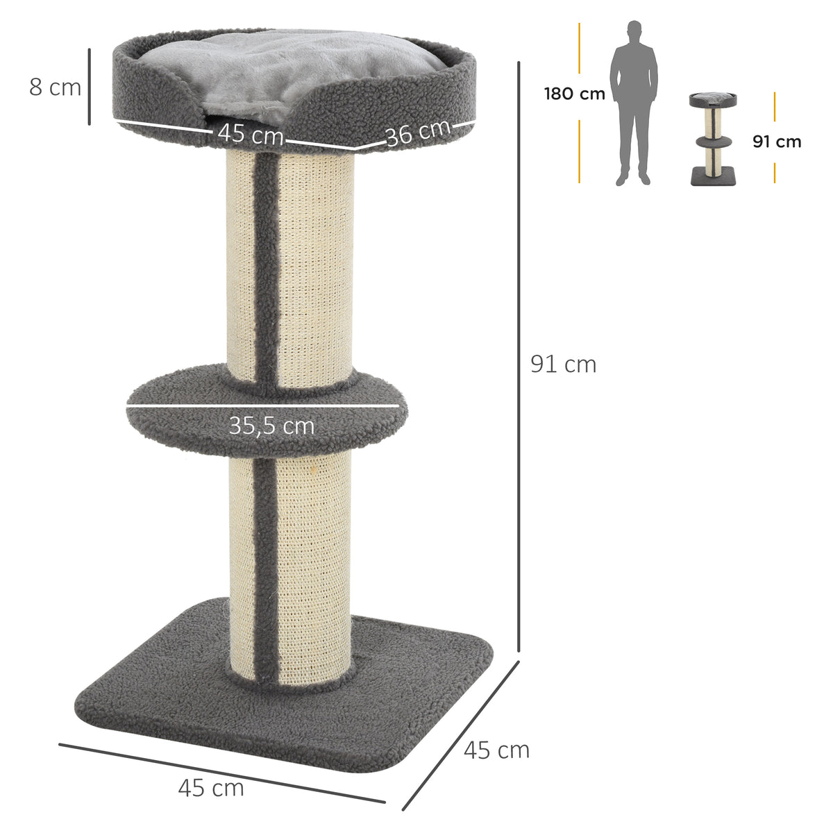 Arbre à chat, arbre à grimper griffoir pour chat, tissu bouclette, centre d'activités 2 plate-formes gris