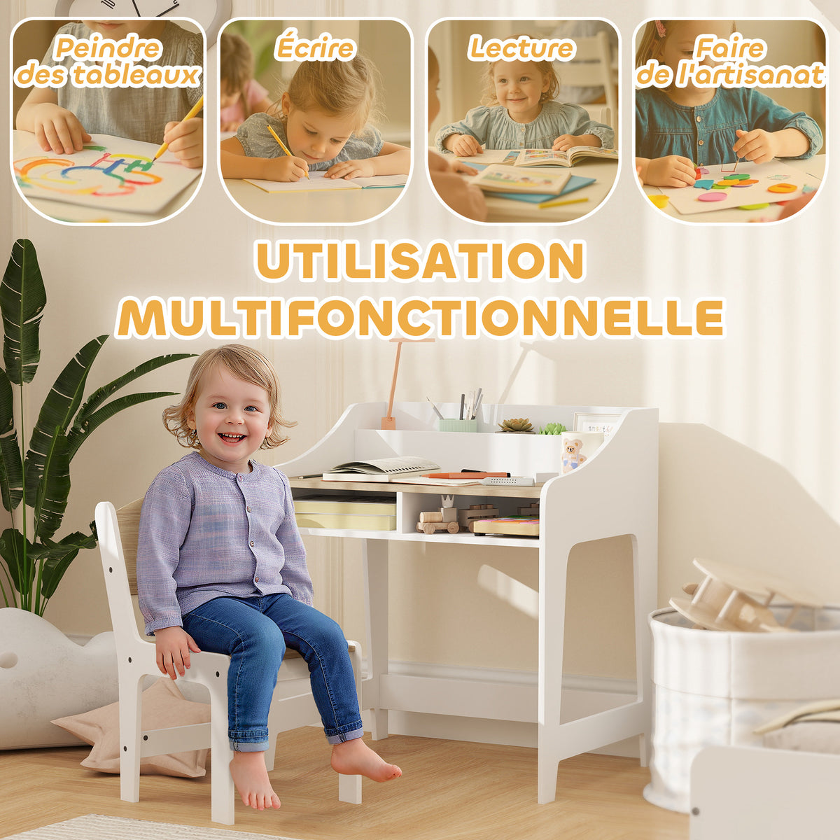 Ensemble bureau et chaise pour enfant 3 à 8 ans avec compartiments et étagères ouverts, effet bois naturel