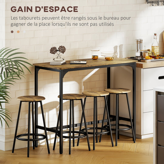 Ensemble table haute et 4 tabourets avec Repose-Pieds, métal noir et aspect bois pour cuisine salle à manger Aosom