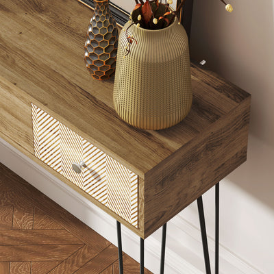Table console avec 3 tiroirs, table d'entrée étroite avec pieds en épingle à cheveux en acier, 90 x 30 x 75 cm, marron