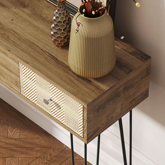 Table console avec 3 tiroirs, table d'entrée étroite avec pieds en épingle à cheveux en acier, 90 x 30 x 75 cm, marron