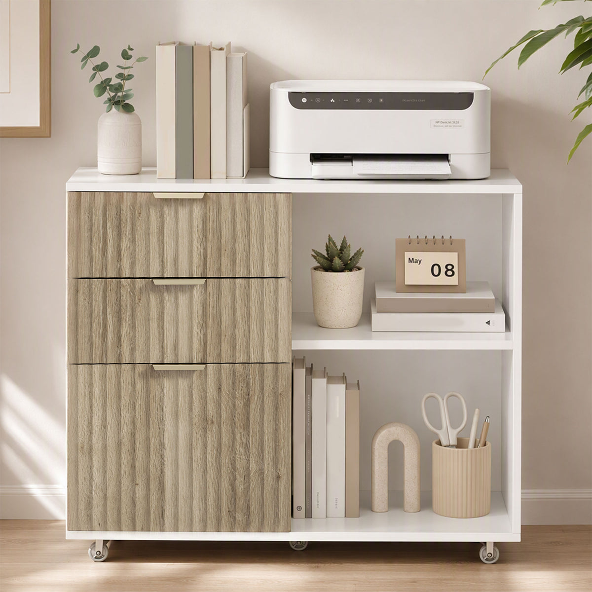 Support d'Imprimante sur Roulettes, 3 Tiroirs, 2 Étagères Ouvertes, Design Ondulé, 80x40x68cm, Blanc Chêne