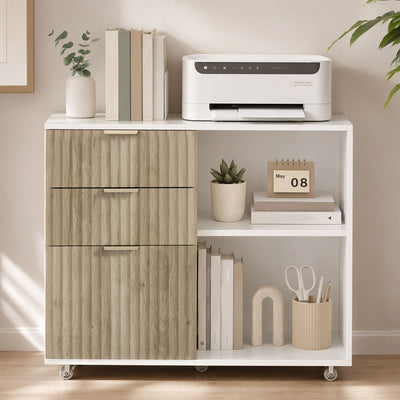 Support d'Imprimante sur Roulettes, 3 Tiroirs, 2 Étagères Ouvertes, Design Ondulé, 80x40x68cm, Blanc Chêne