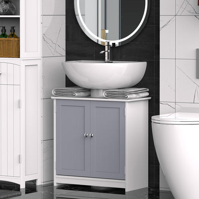 Meuble salle de bain sous lavabo - meuble sous-vasque - placard 2 portes avec étagère - dim. 60L x 30l x 60H cm - en bois gris blanc