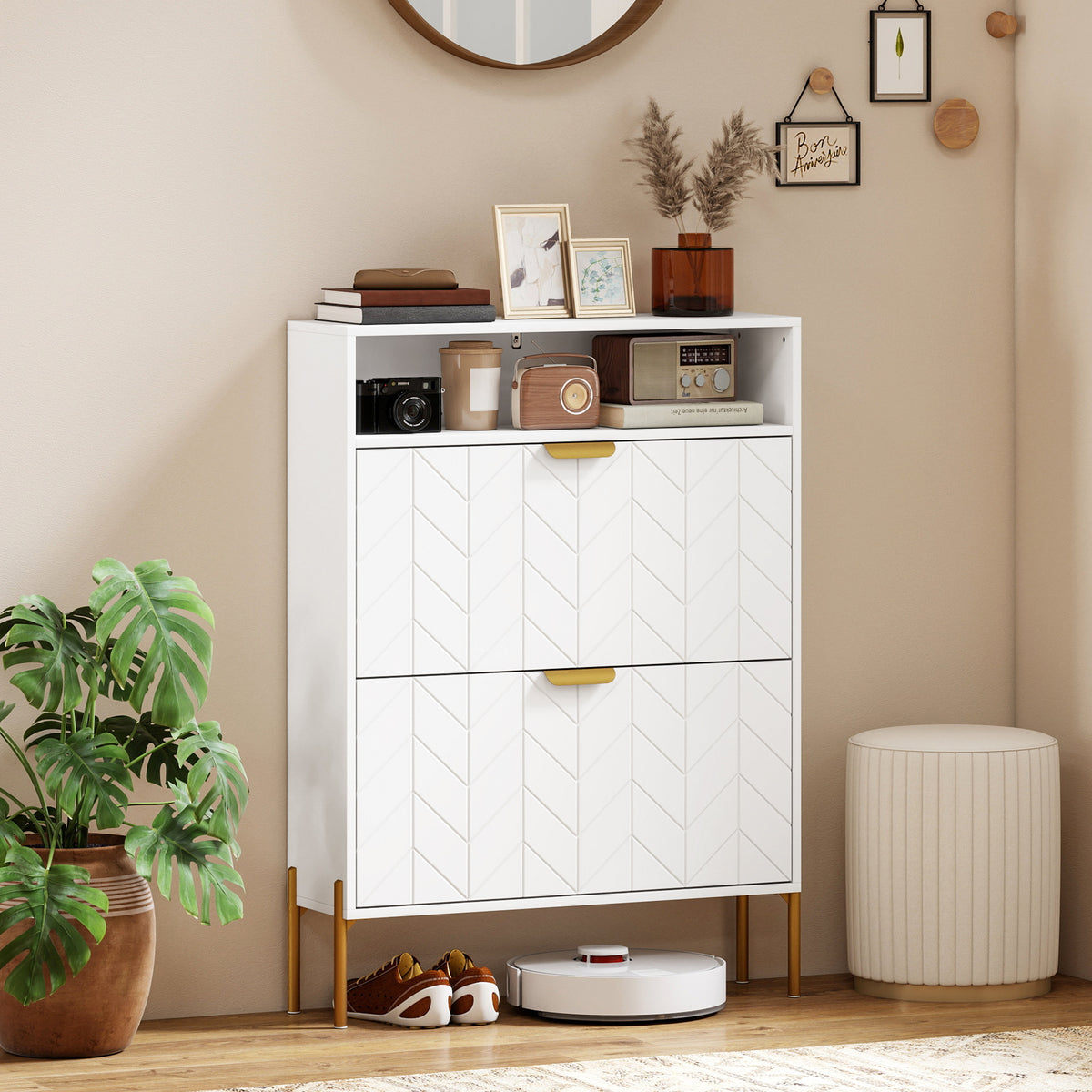 Meuble à chaussures 16 paires, armoire à chaussures étroite avec 2 tiroirs rabattables, compartiment ouvert, blanc Aosom