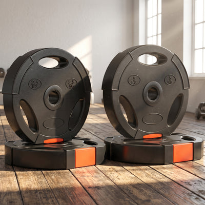 Disques de poids, plaques de poids 2 x 5 kg et 2 x 2,5 kg, à trois poignées avec trous de Ø 25 mm, noir