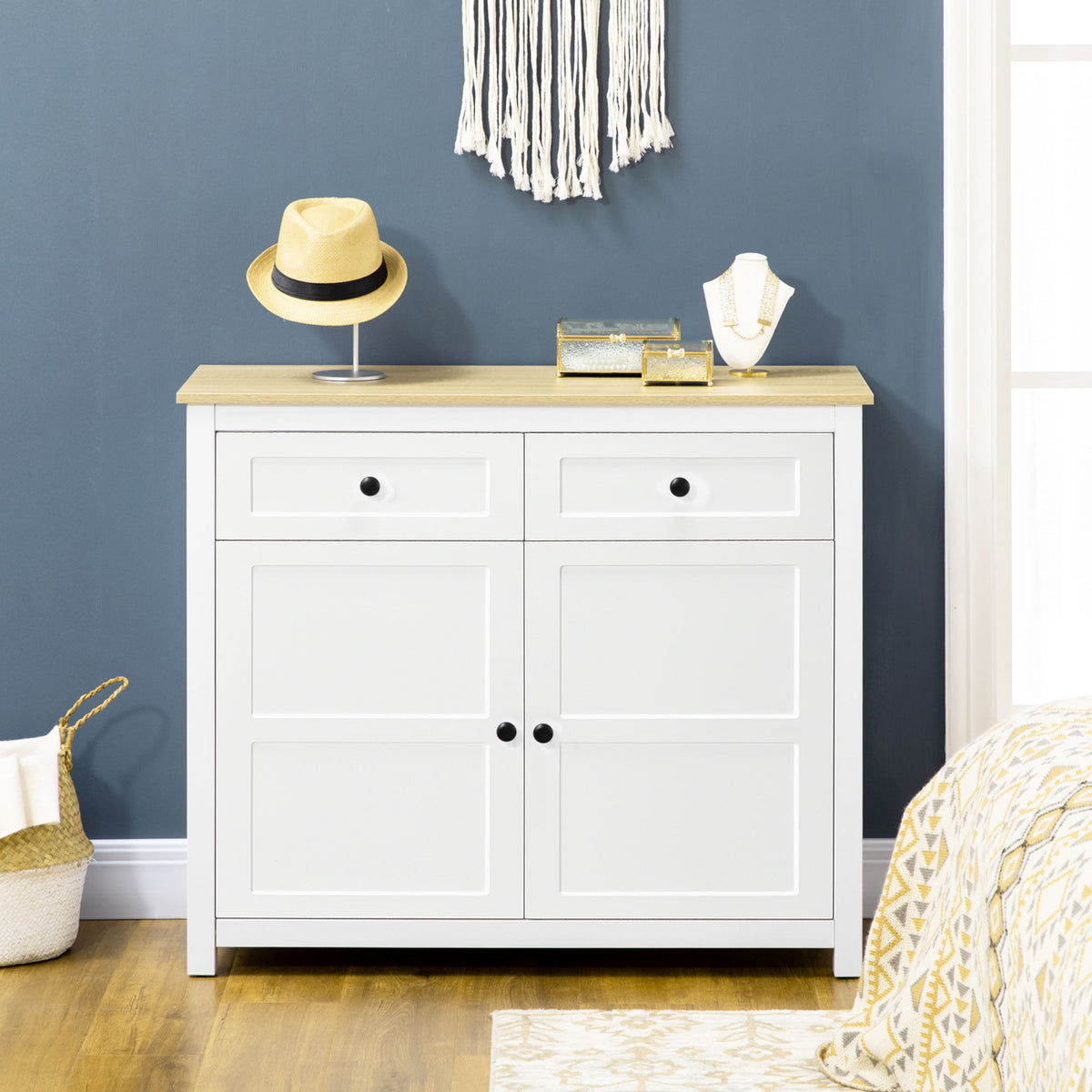 Commode meuble de rangement 2 portes avec étagère réglable en hauteur 2 tiroirs 100 x 40 x 85 cm blanc et aspect bois
