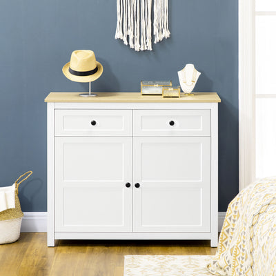 Commode meuble de rangement 2 portes avec étagère réglable en hauteur 2 tiroirs 100 x 40 x 85 cm blanc et aspect bois