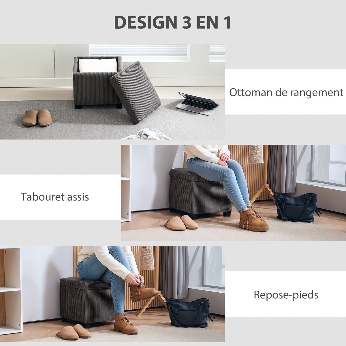 Coffre pouf rangement 30 L avec couvercle amovible, ottoman cube rembourré en velours côtelé, 40 x 40 x 40 cm, gris