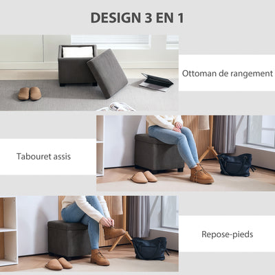 Coffre pouf rangement 30 L avec couvercle amovible, ottoman cube rembourré en velours côtelé, 40 x 40 x 40 cm, gris