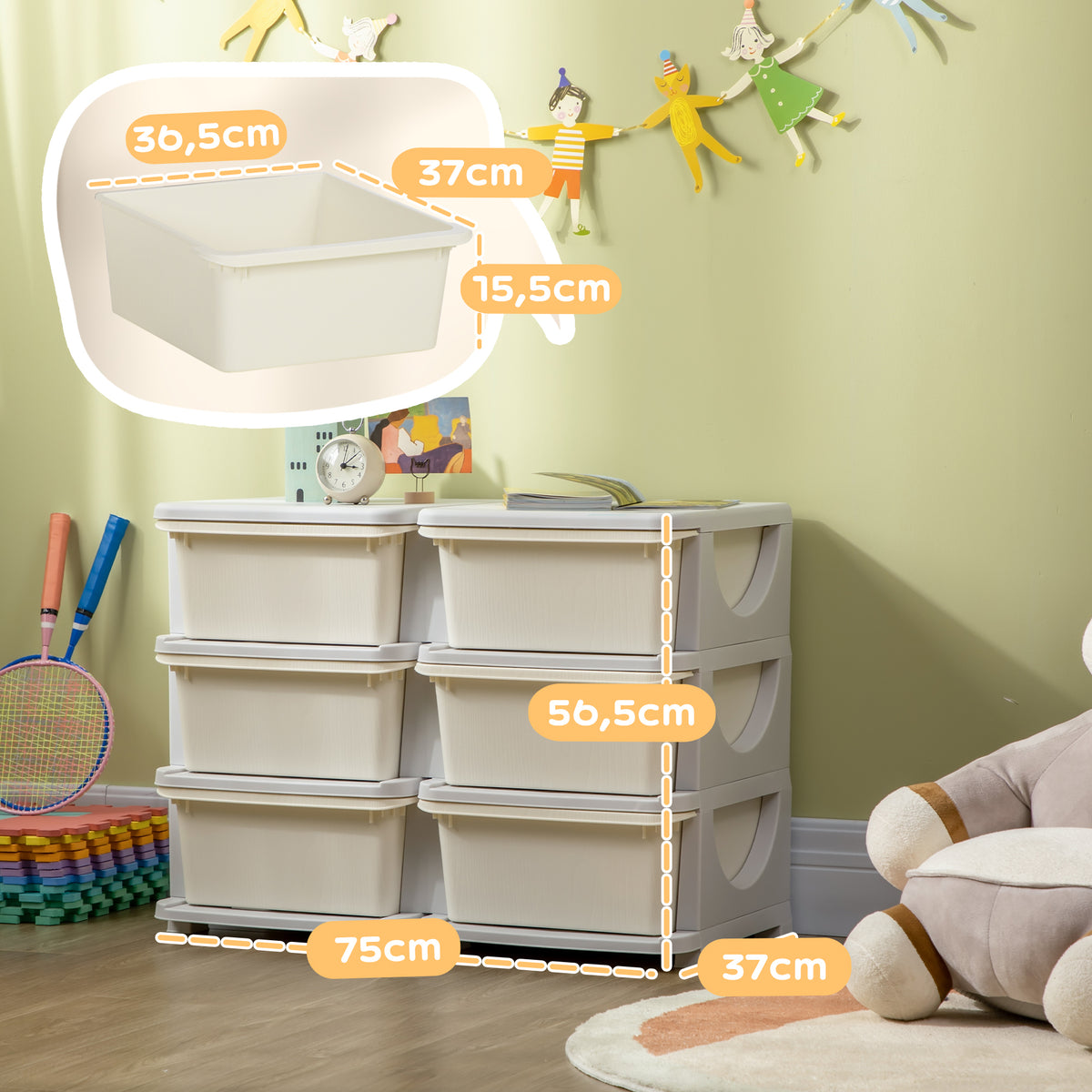 Organisateur de jouets pour enfants à 3 niveaux avec 6 tiroirs, boîtes de rangement en plastique, 75x37x56,5cm, crème