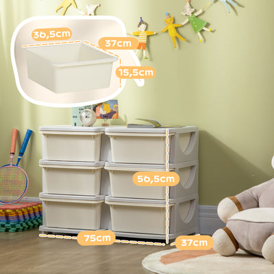 Organisateur de jouets pour enfants à 3 niveaux avec 6 tiroirs, boîtes de rangement en plastique, 75x37x56,5cm, crème