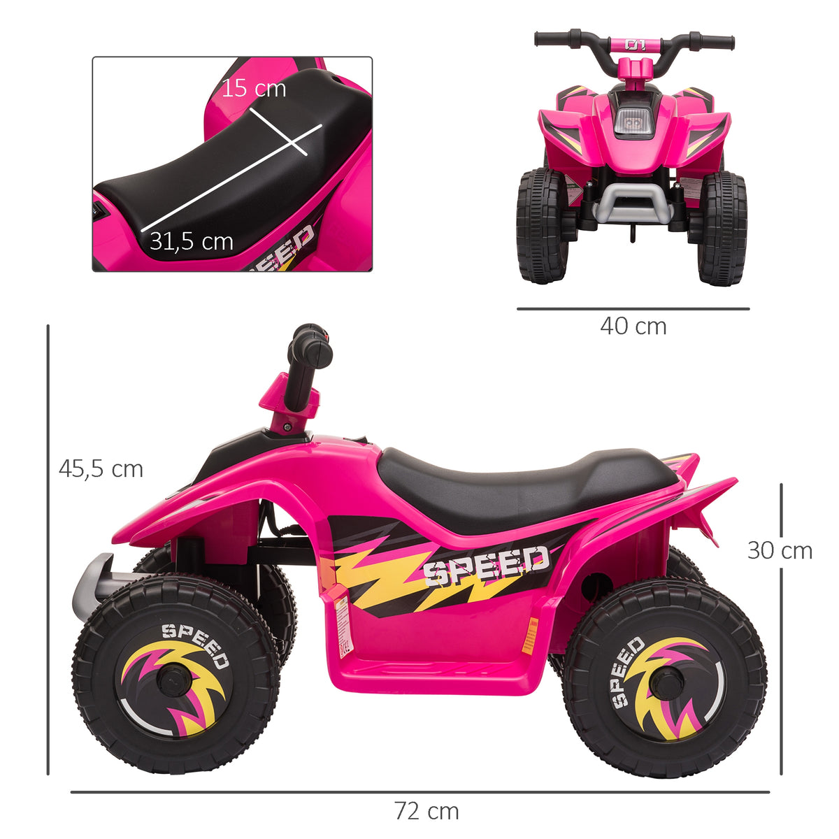 Quad électrique pour enfants 18-36 mois véhicule à batterie 6V avec marche avant et arrière 72 x 40 x 45,5 cm rose