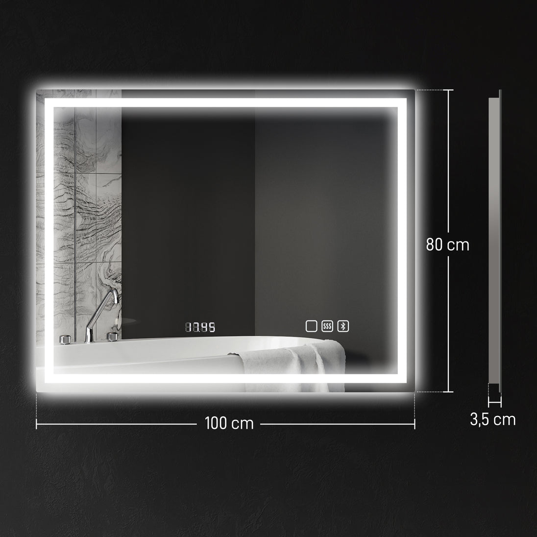 Miroir salle de bain LED bluetooth 80 x 100 cm interrupteur tactile lumière réglable 3 couleurs anti-buée mémoire argent Aosom