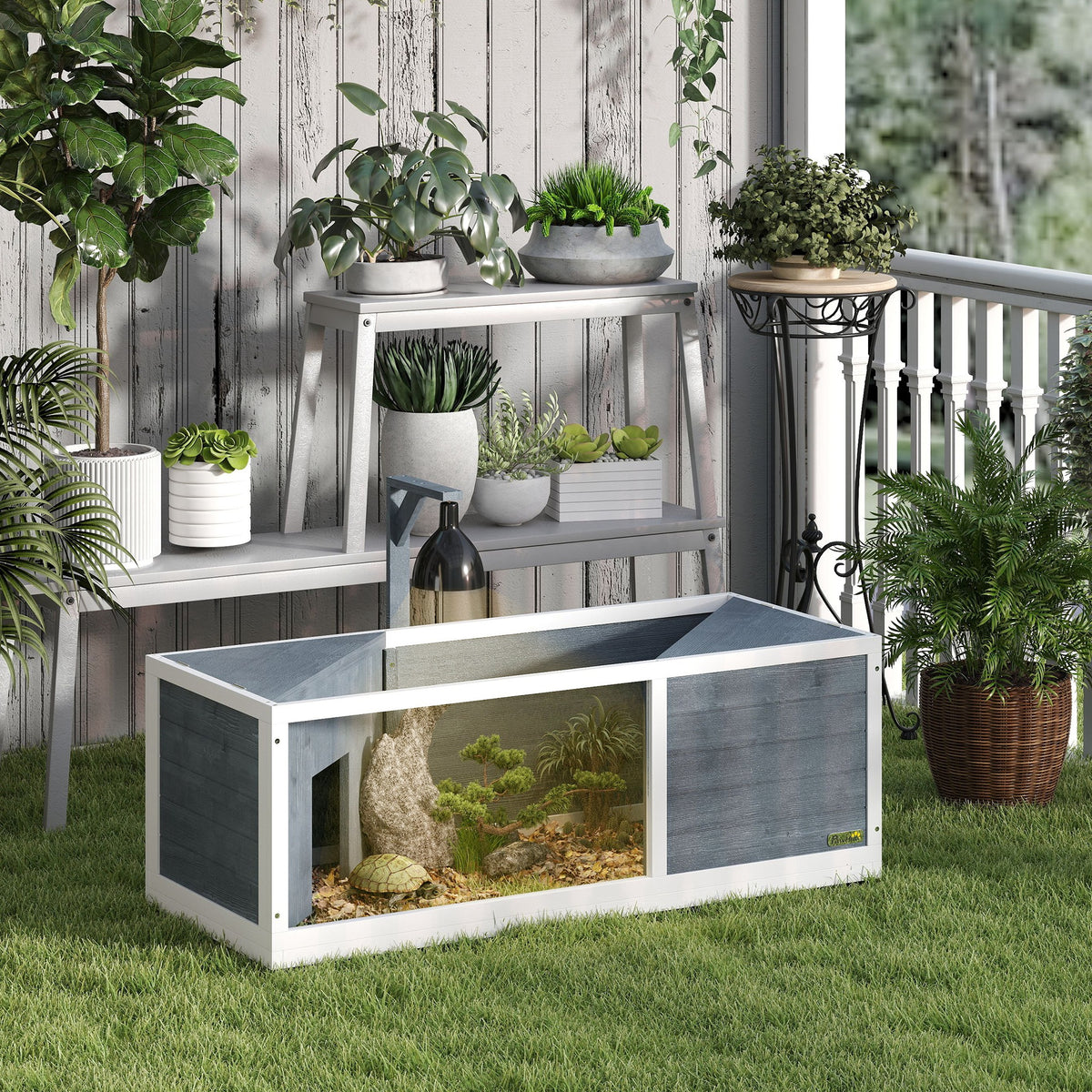 Maison pour tortues enclos avec toit ouvrant support lampe plateau fenêtre panoramique 120 x 50 x 40 cm gris Aosom