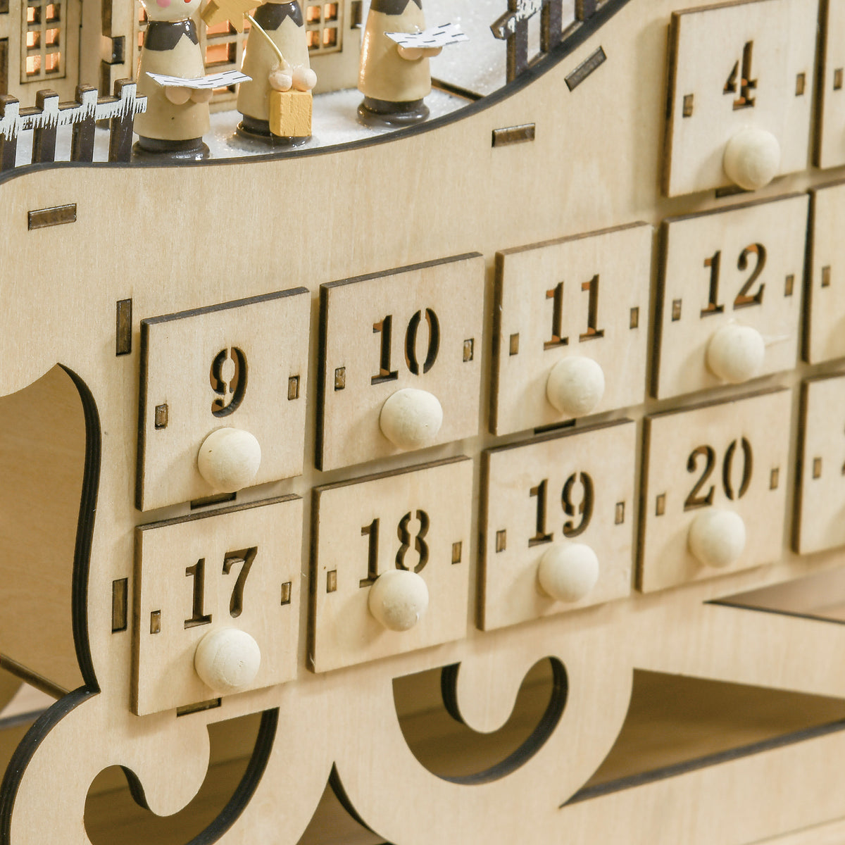 Calendrier de l'avent en bois Lumineux Frome de traineau - 10 lumières Blanc Chaud - 24 tiroirs - décoration Lumineuse de Noël