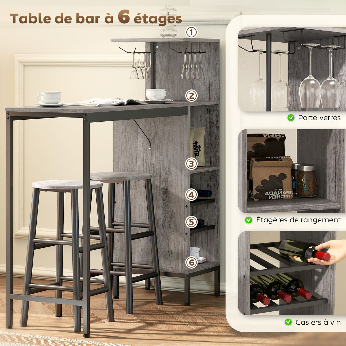 Ensemble table de bar avec tabourets, table à manger debout avec 2 chaises de bar étagères, casiers à vin, bois naturel