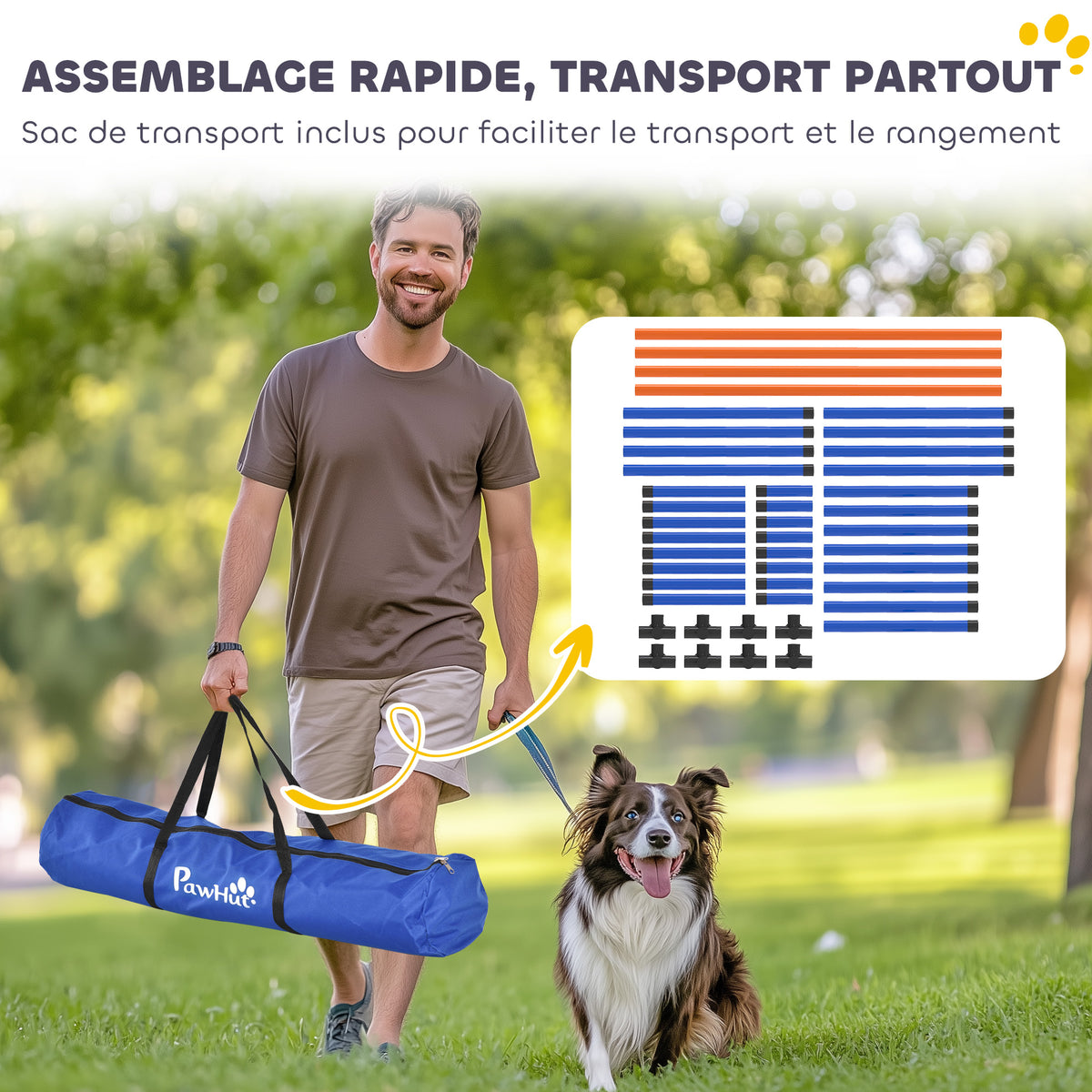 Kit d'équipement d'agilité pour chien, kit d'agilité pour chien portable avec hauteur réglable, sac de transport, orange