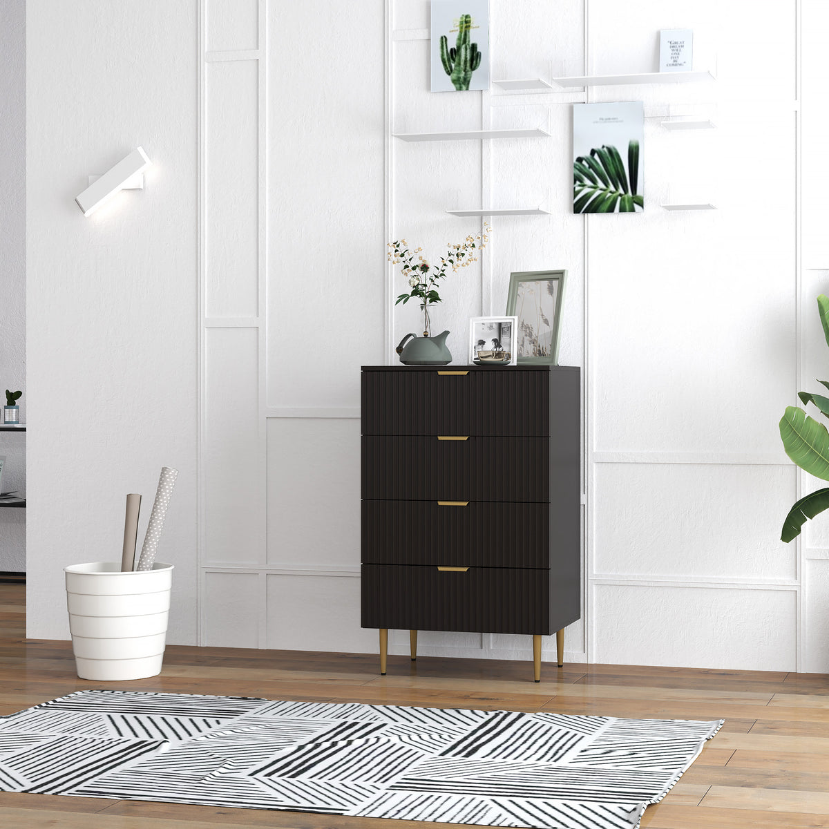 Commode 4 tiroirs commode chambre meuble de rangement moderne avec poignées et pieds dorés, dim. 60 x 40 x 96 cm, noir
