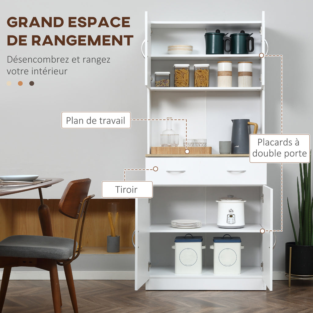 Buffet haut cuisine, armoire de cuisine, 4 portes, tiroir, plan de travail et étagères réglables, 80x40x180cm, blanc