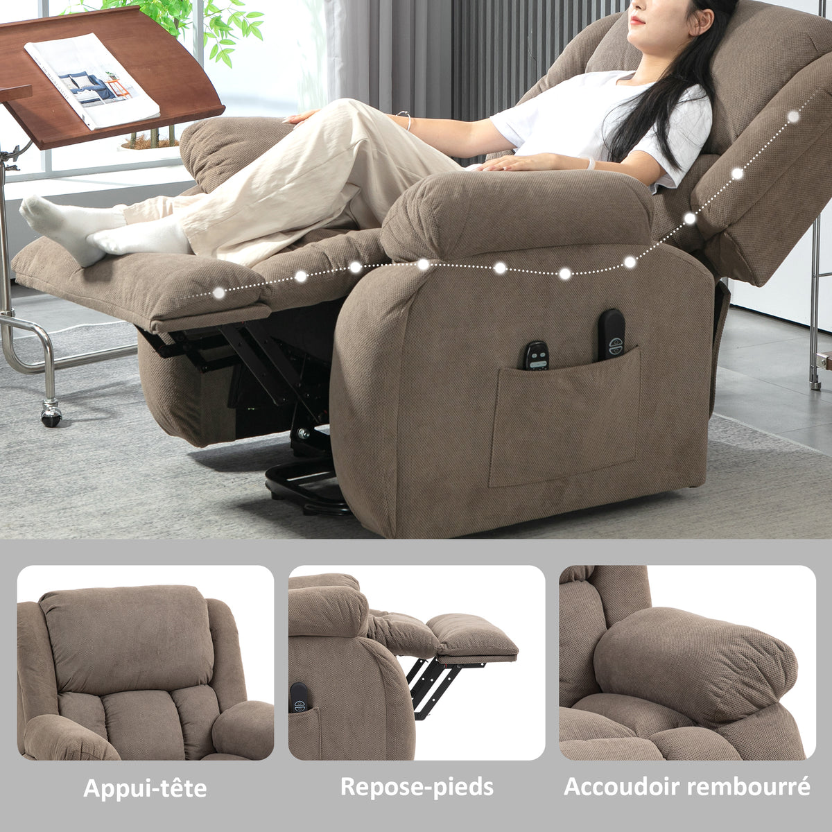 Fauteuil releveur électrique massage et chauffage avec repose-pied, dossier inclinable, télécommande et poche latérale