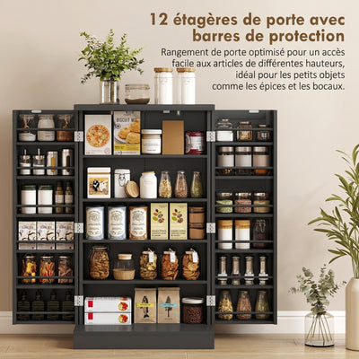 Armoire de Cuisine, Buffet Cuisine, avec 2 Portes, 12 Porte-Racks, 5 Compartiments et Étagères Réglables, Noir
