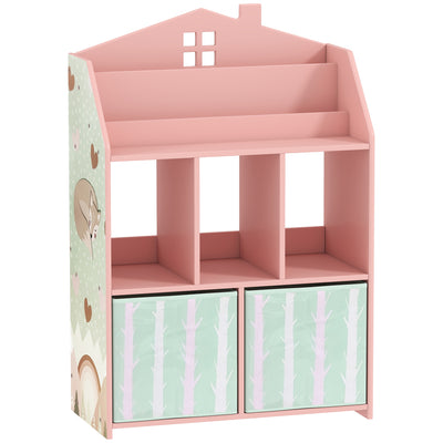Meuble rangement enfant, bibliothèque enfants avec étagères ouvertes et 2 tiroirs en tissu, MDF, rose