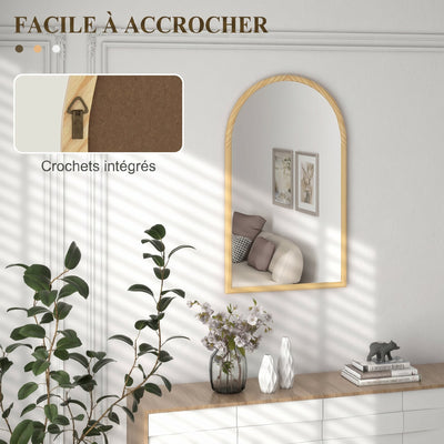 Miroir mural arche, 110 x 65 cm Cadre en bois, Miroir arqué pour le salon, la chambre, l'entrée, bois naturel