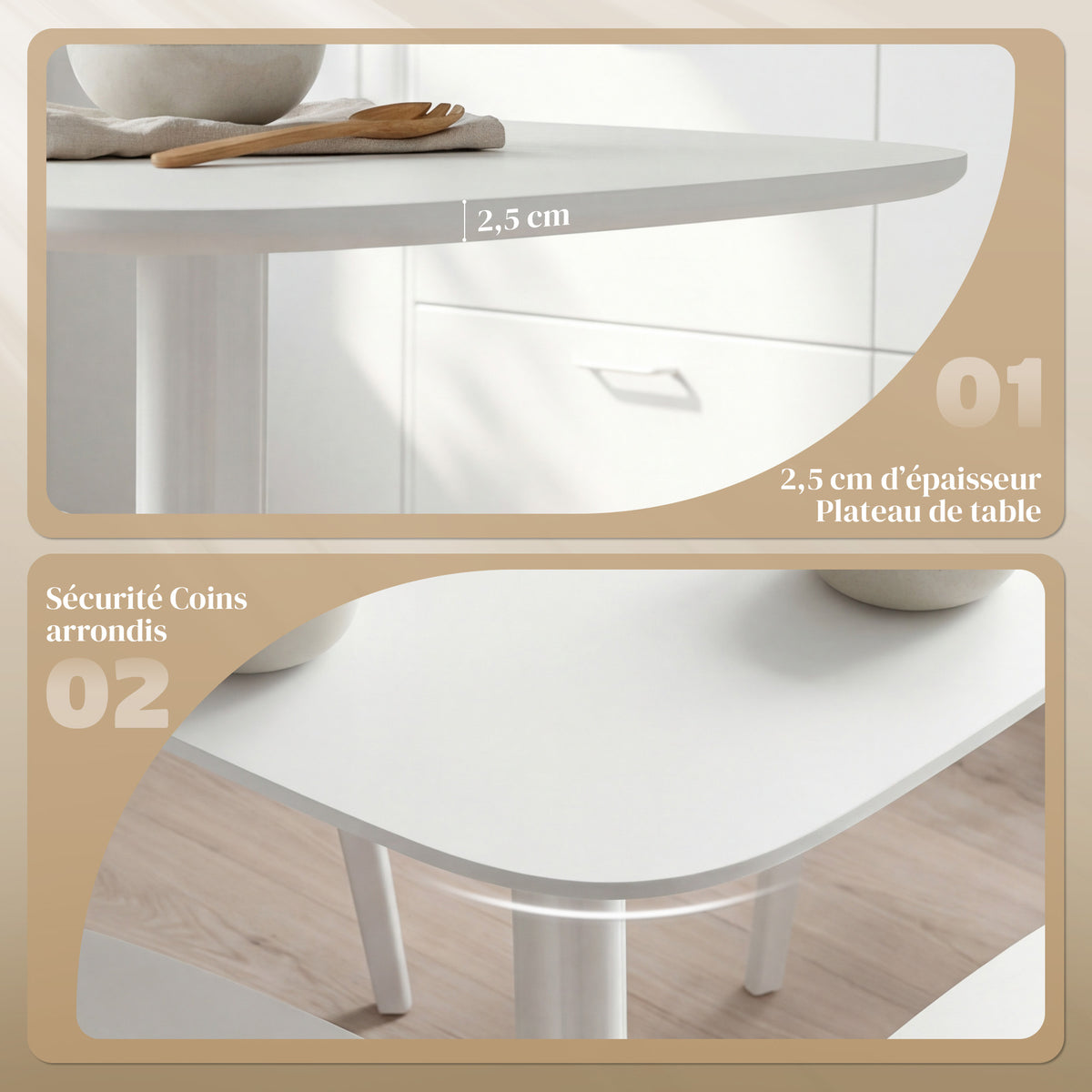 Table à manger pour 4 personne table de cuisine carrée style moderne avec plateau aspect bois, 70 x 70 cm, blanc