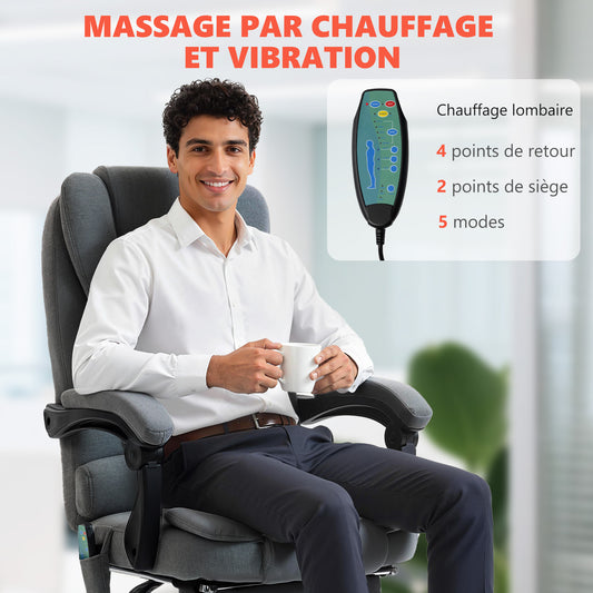 Fauteuil de bureau massant et chauffant, chaise de bureau, hauteur réglable, dossier inclinable, 65x70x111-119cm, gris