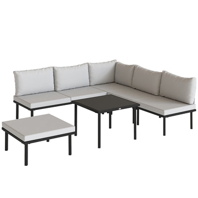 Salon de jardin extérieur d'angle modulable 6 personnes, table basse avec plateau en verre trempé, gris clair