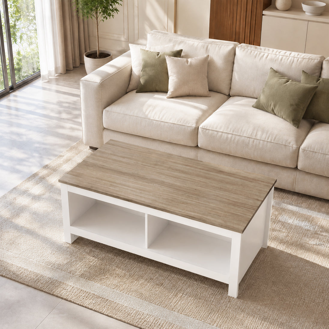Table Basse Rectangulaire, Table de Salon Moderne avec 4 Compartiments Ouverts, 110 x 55 x 45,5 cm, Chêne et Blanc Aosom