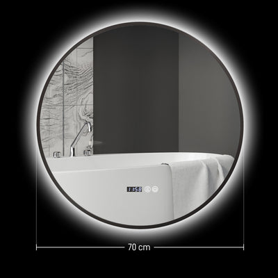 Miroir de salle de bain rond avec éclairage LED, intensité variable, fonction anti-buée, interrupteur tactile, noir