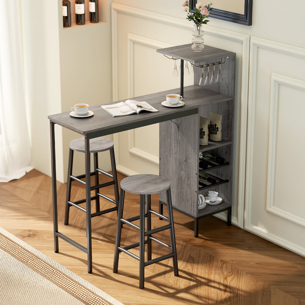 Ensemble table de bar avec tabourets, table à manger debout avec 2 chaises de bar étagères, casiers à vin, bois naturel