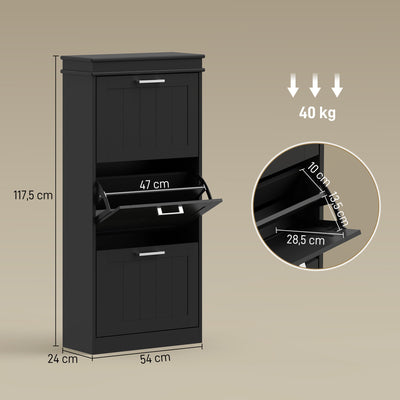 Meuble à chaussures, armoire à chaussures 3 portes abattants 15 paires, étagères réglables, 54 x 24 x 117,5 cm, noir