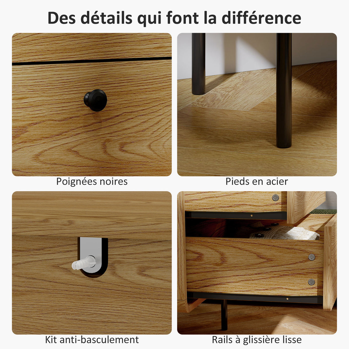 Commode 4 tiroirs, meuble de rangement étroit avec pieds en acier, coins arrondis, 60 x 39 x 91,5 cm, chêne