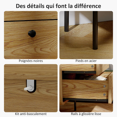 Commode 4 tiroirs, meuble de rangement étroit avec pieds en acier, coins arrondis, 60 x 39 x 91,5 cm, chêne