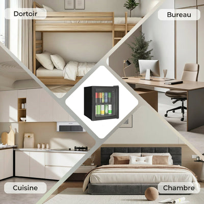 Réfrigérateur à boissons 46L 59 canettes, mini frigo silencieux pose libre avec porte en verre trempé double, noir